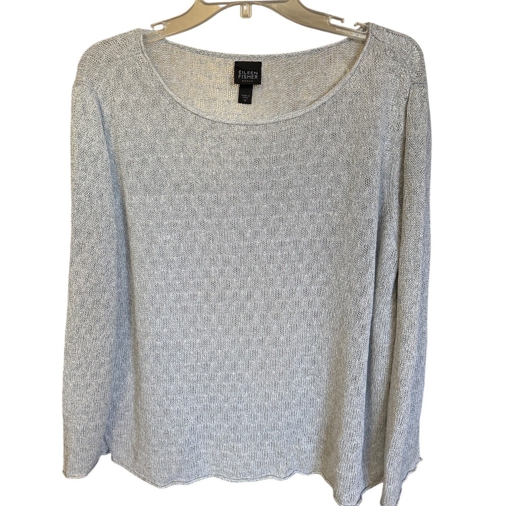 Eileen Fisher Woman 1X Light Gray 100%‎ Linen Open Knit Sweater Top Quiet Luxury